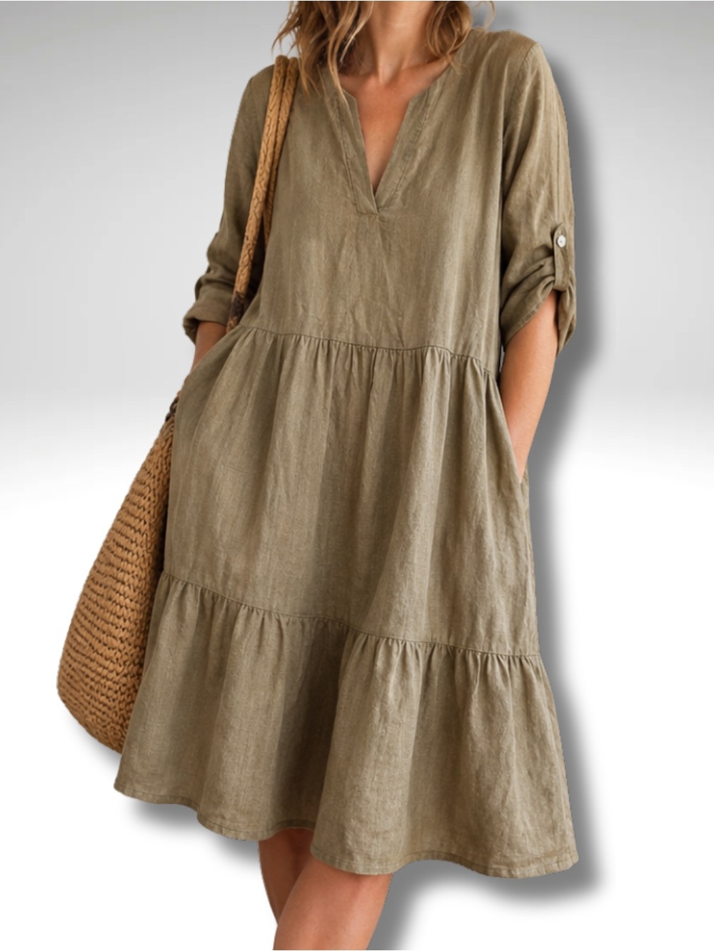 Bellambia 100% Linen Lagenlook Mushroom Olive Taupe Tiered Dress Made in Italy S